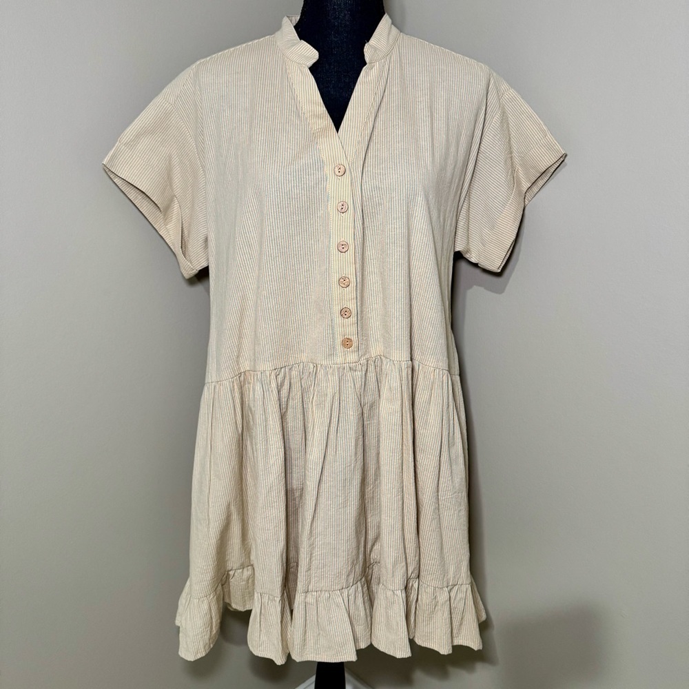 Easel Khaki Pin Striped Cotton Mini Dress Ruffled Hem‎ Pockets Size S C17
